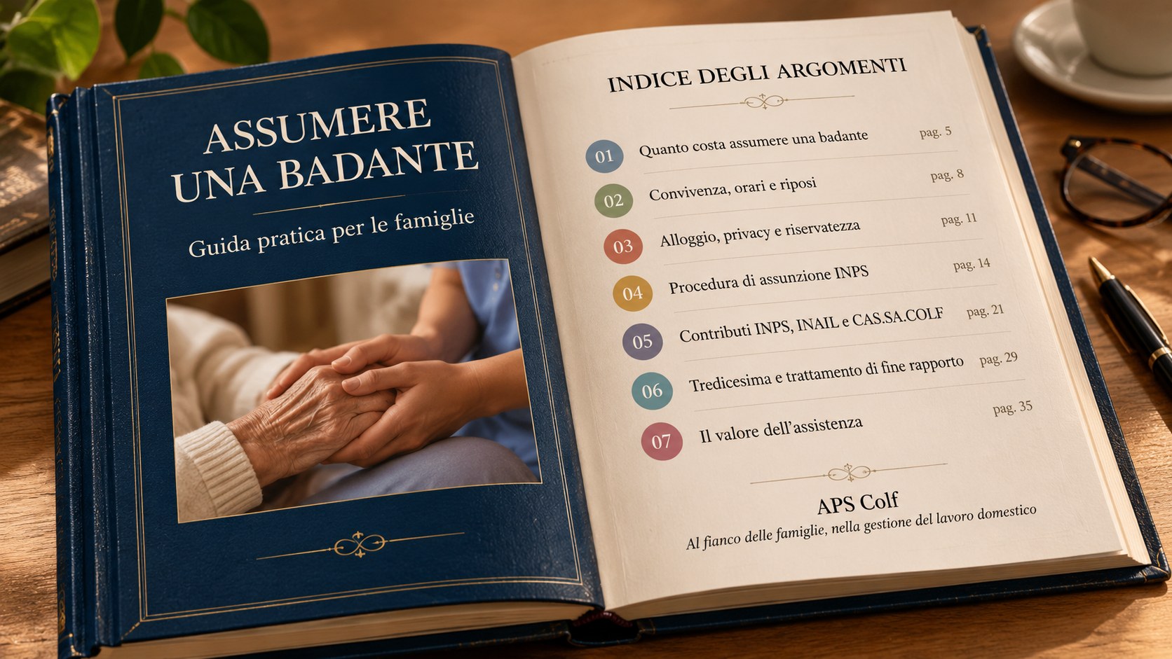 Guida pratica per assumere una badante: la copertina del libro e l'indice degli argomenti, dal costo dell'assunzione ai contributi INPS e Cassa Colf, alla tredicesima e al TFR.
